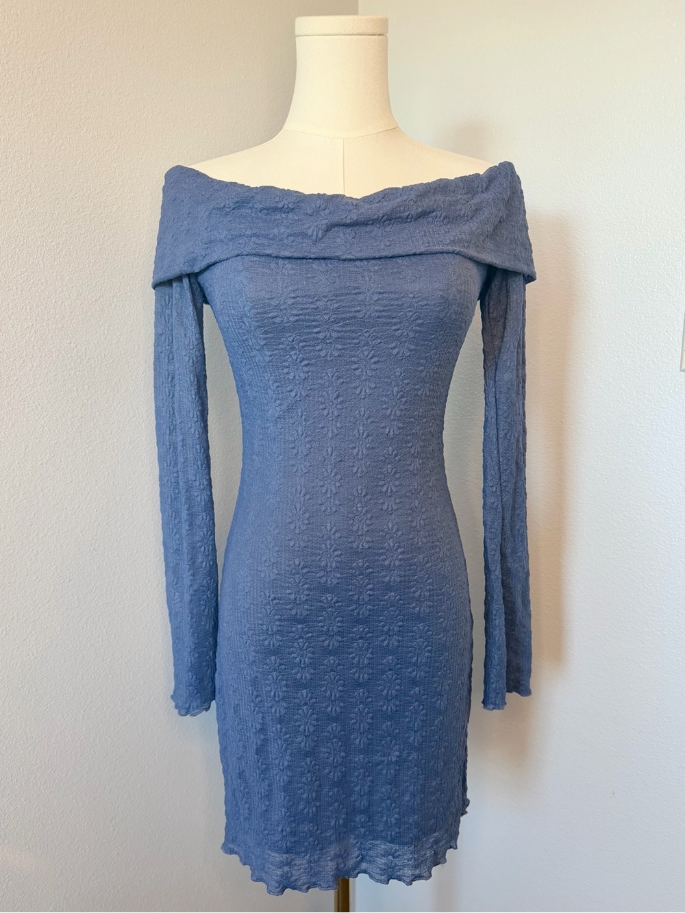 Jessica Simpson Dusty Blue Off-Shoulder Long Sleeve Floral Dress